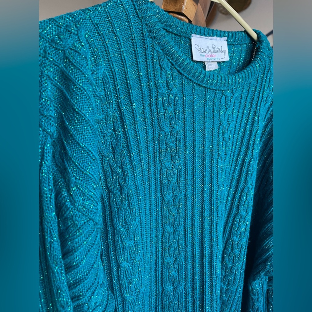 Diane Von Furstenberg DVF Teal Metallic Cable Knit Sweater Lurex Plus Size 1X 2X - Picture 6 of 8